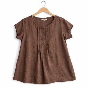 FLAX Linen Lagenlook Top Brown Oversized Short Sleeve Blouse Large